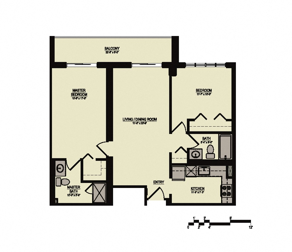 Floor plan for 2 beds, 2 baths, 888 sqft